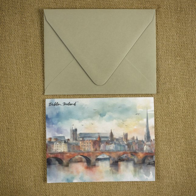 Postal Dublín Ireland City Silhouette Watercolor Painting (dublin ireland panorama view postcard)