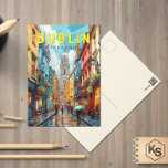Postal Dublin Ireland Travel Art Vintage<br><div class="desc">Diseño de viaje vectorial retro de Dublín. Sus edificios históricos incluyen el castillo de Dublín,  que data del siglo XIII,  e imponente catedral de San Patricio,  fundada en 1919.</div>