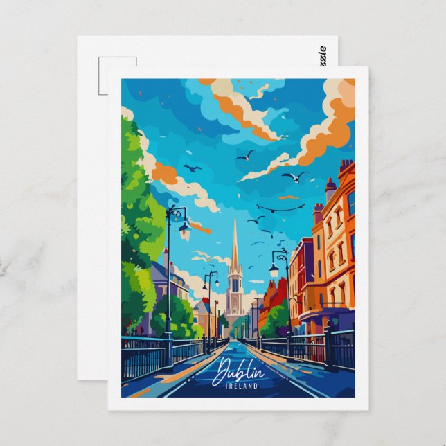 Postal Dublín Irlanda lugar de viaje vintage ilustracion (Anverso / Reverso)