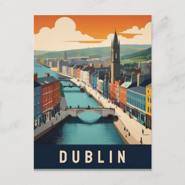 Postal Dublin Irlanda Retro Travel Art River (Anverso)