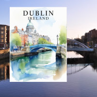 Dublín, Irlanda Watercolor Travel Art Postcard