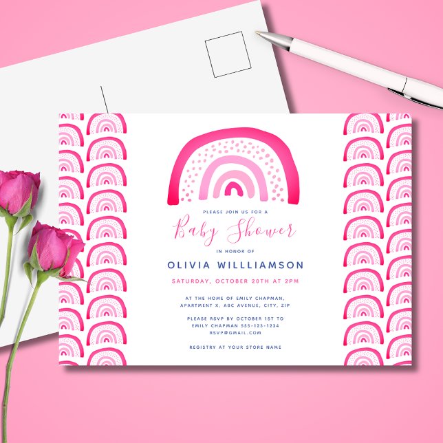 Postal Ducha de bebé arcoíris rosa moderna (Pink girls baby shower invitation postcard.  Matching accessories and party range available. )