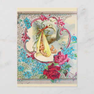 POSTAL DUCHA DE BEBÉ CIGÜEÑA AMARILLA, ROSAS ROSADAS, FLO