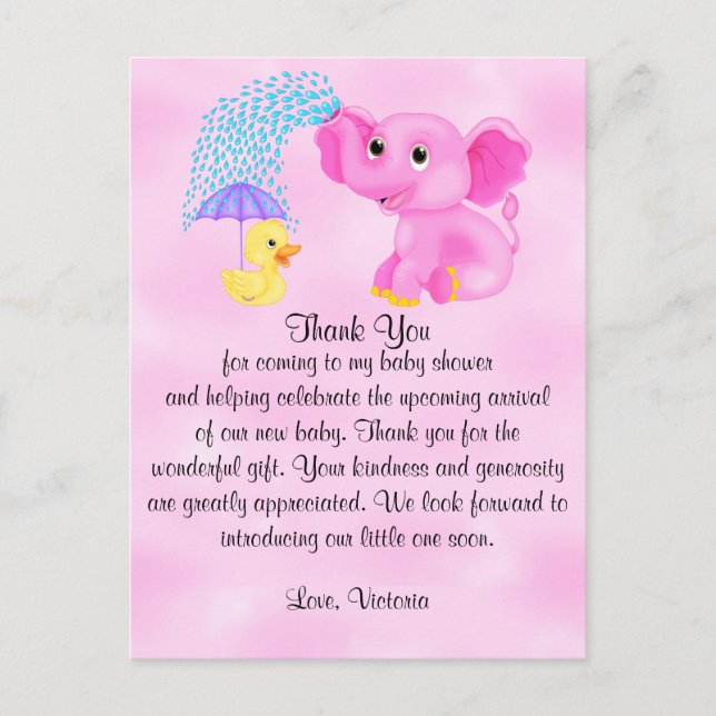 Postal Ducha de Bebé Gracias Niña Elefante (Anverso)