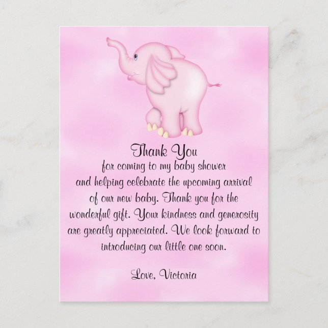 Postal Ducha de Bebé Gracias Niña Elefante (Anverso)