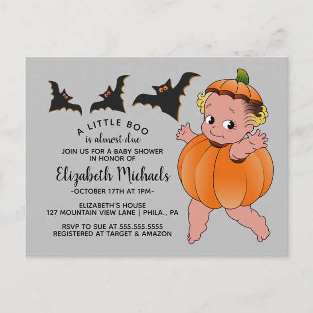 Postal DUCHA DE BEBÉ HALLOWEEN | Un pequeño Boo está a pu (Anverso)