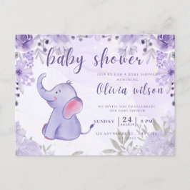 Postal ducha de bebé invitación, flores de elefante morad