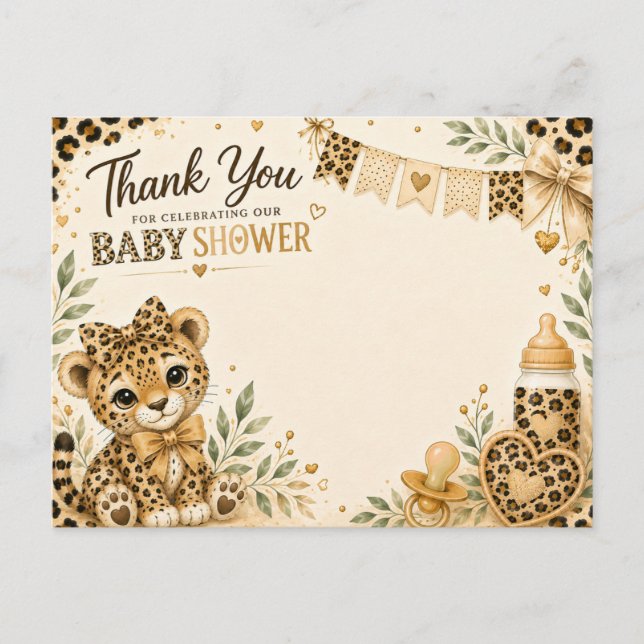 Postal ducha de bebé leopardo gracias  (Anverso)