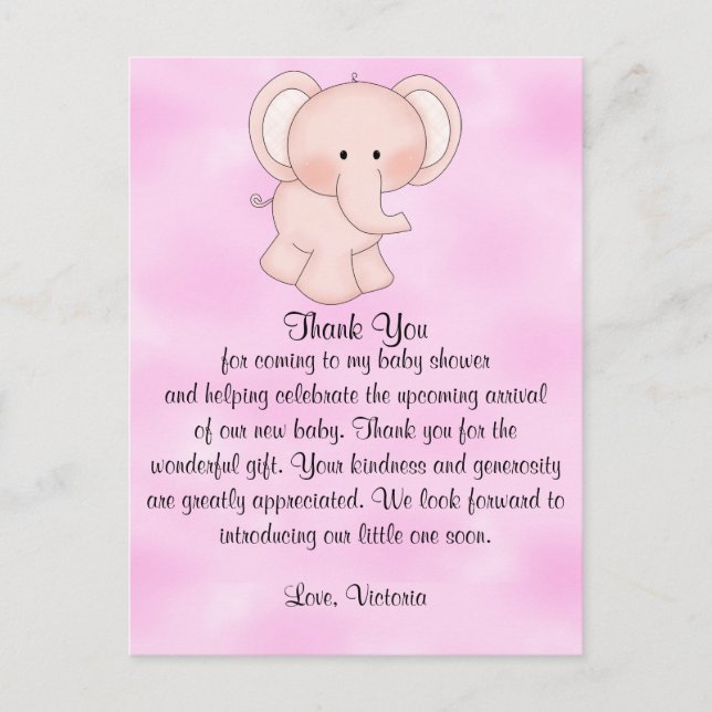 Postal Ducha de Bebe Niña Elefante Rosa (Anverso)