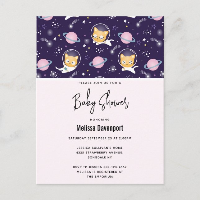 Postal Ducha de Bebé Patrón Astronautas Gatito Adorable (Anverso)