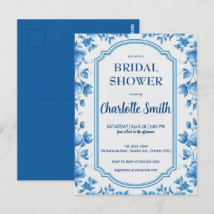 Postal ducha de novia antigua Chinoiserie azul y blanca