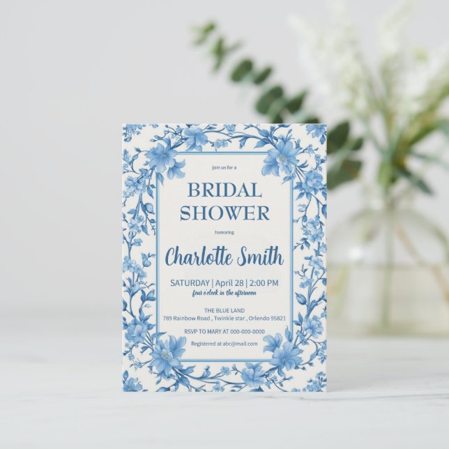 Postal ducha de novia antigua de Chinoiserie azul y blanc (Anverso de pie)