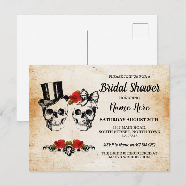 Postal Ducha de Novia Calaveras Rosas Arco Rústico  (Anverso / Reverso)