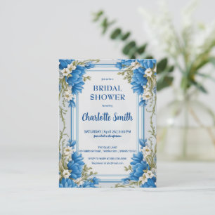 Postal Ducha de novia floral antigua Chinoiserie azul