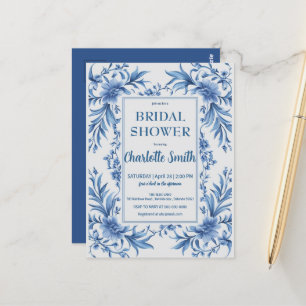 Postal ducha de novia floral chinoiserie azul moderna