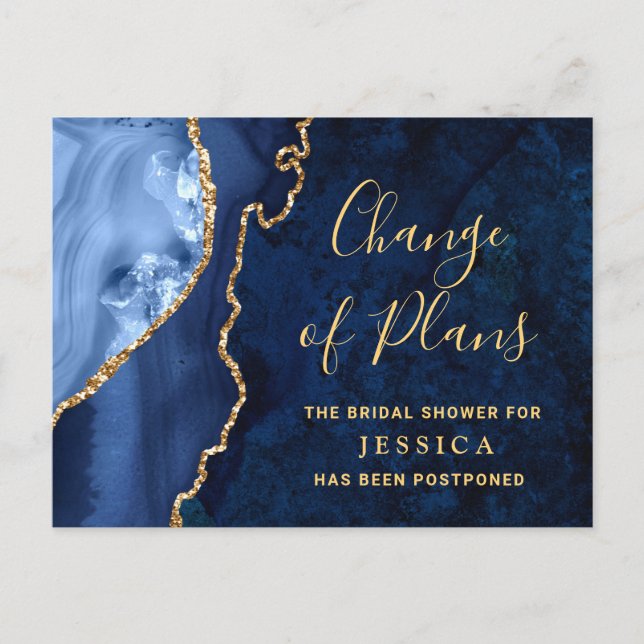 Postal Ducha de novia moderna de oro azul de mármol azul  (Anverso)