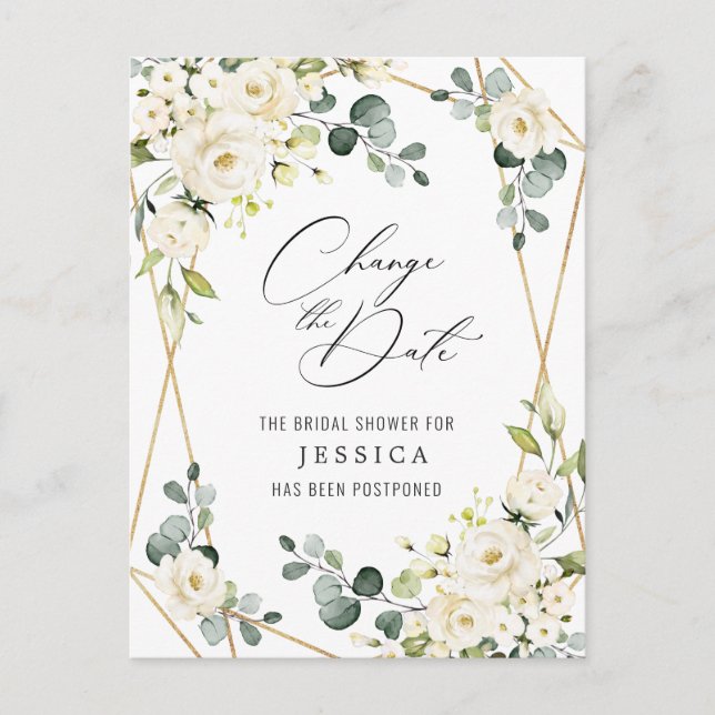 Postal Ducha de novia pospuesta fecha elegante rosas blan (Anverso)