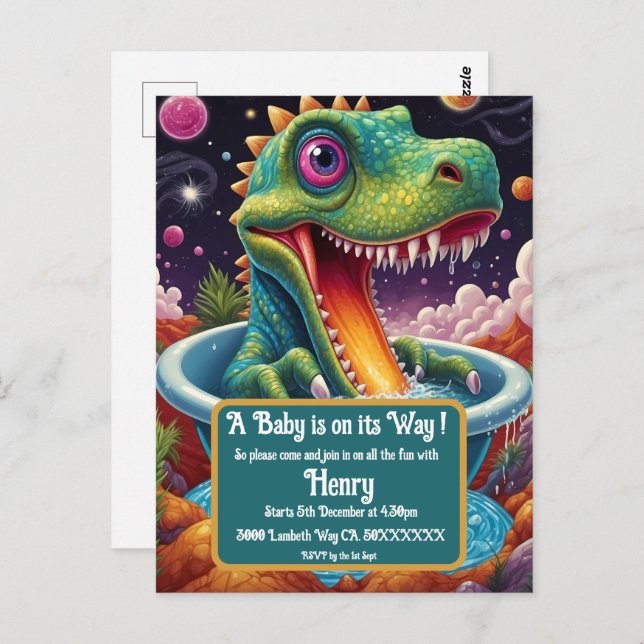 Postal Ducha para bebé Diseño de fiesta Dino-Mite (Anverso / Reverso)