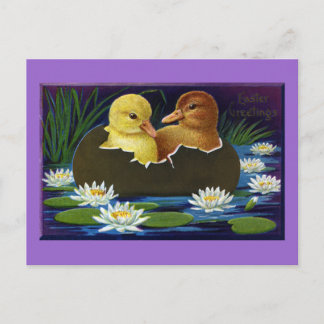 Postal Ducklings en bote con cáscara de huevo con lirios 
