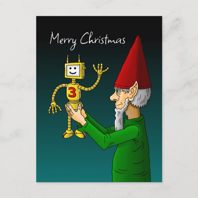 Postal Duende de Navidad con el robot que agita (Anverso)