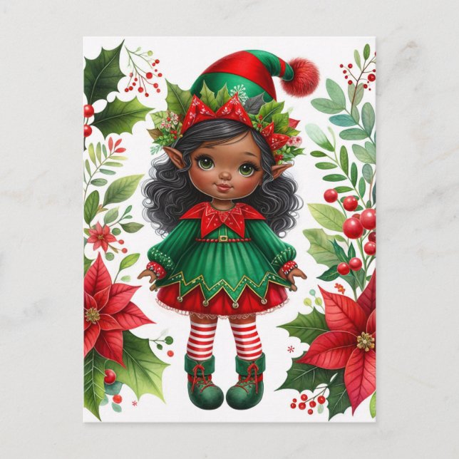Postal Duende de Navidad de Piel Oscura Fiesta (Anverso)