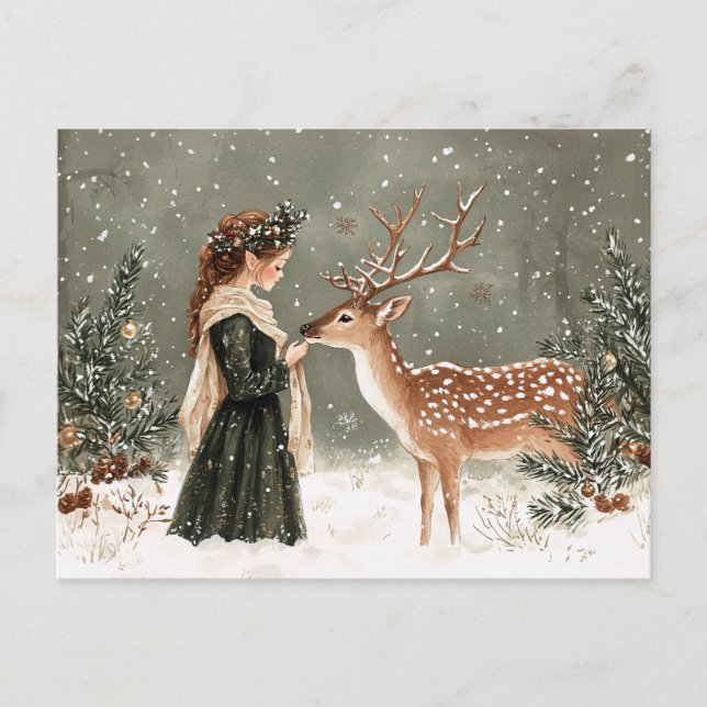 Postal Duende de Navidad y Ciervo de Invierno (Anverso)