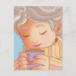 Postal Duende disfrutando de una taza de café