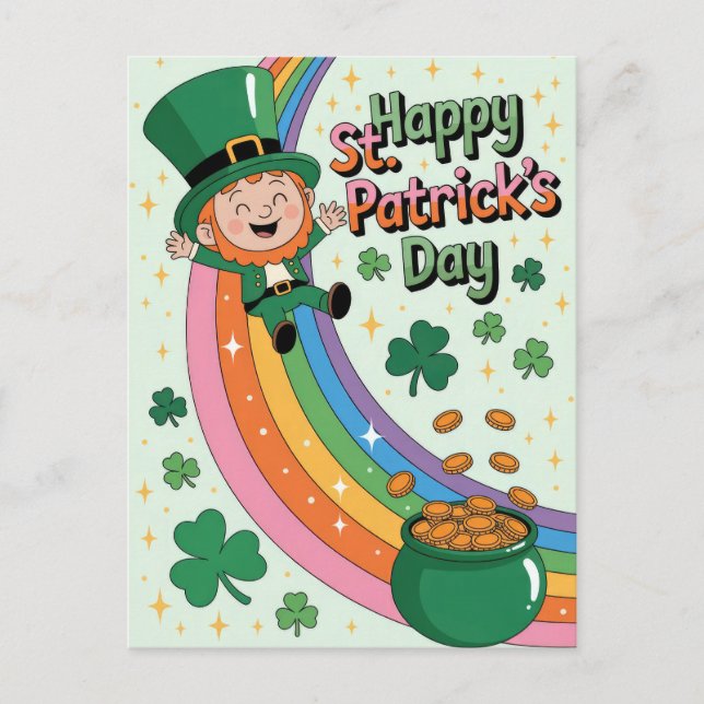 Postal Duende lindo con arcoíris Día de San Patricio (Anverso)