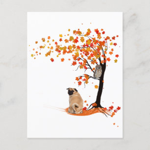 Postal Dueño De Pug Owl Y Fall Tree Pug Funny Pug Otoño