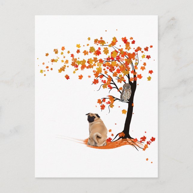 Postal Dueño De Pug Owl Y Fall Tree Pug Funny Pug Otoño (Anverso)