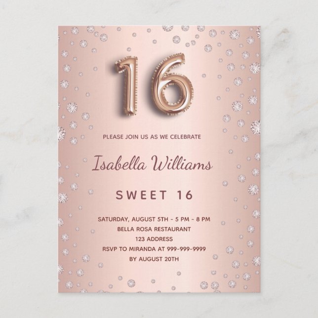 Postal Dulce 16 rosa oro rubor diamantes glam (Anverso)