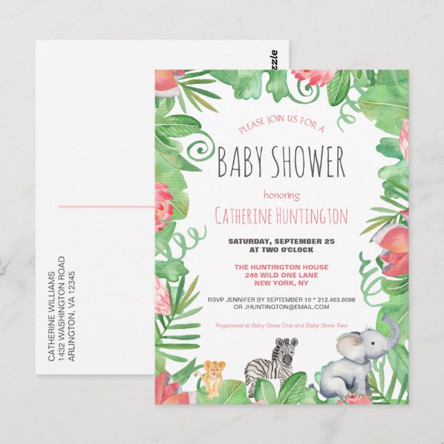 Postal Dulce animal de safari floral tropical Baby Shower (Anverso / Reverso)