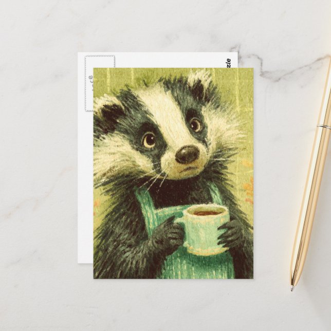 Postal Dulce Badger con una taza de café (Anverso/Reverso In Situ)