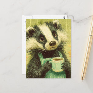 Postal Dulce Badger con una taza de café