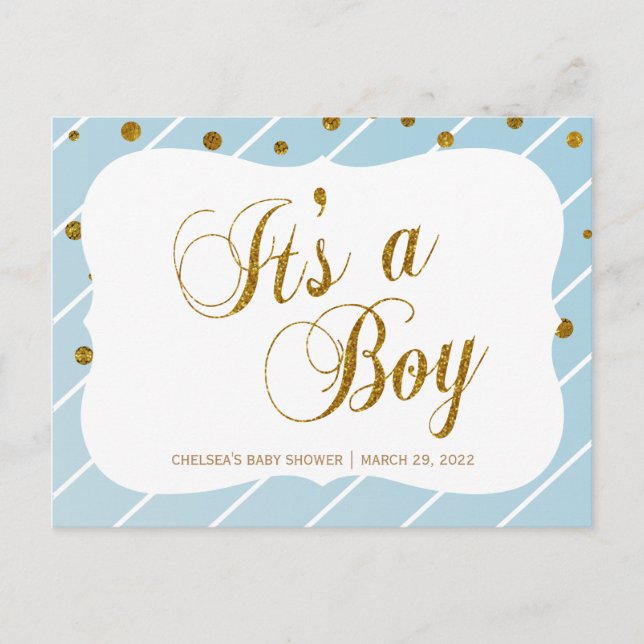 Postal Dulce Bebé Azul y Confeti Dorado - RSVP 2 (Anverso)