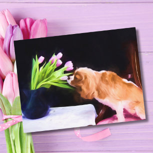 Postal Dulce Cavalier King Charles y tulipanes rosados