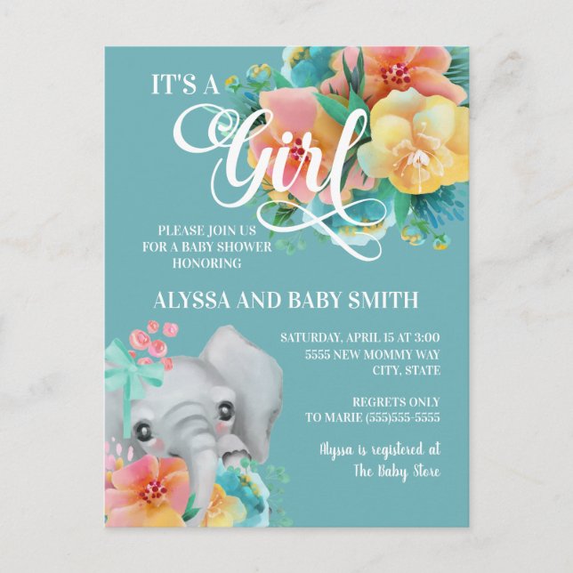 Postal Dulce Elefante Amarillo Turquesa Rosa Baby Shower (Anverso)