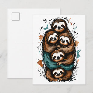 Postal Dulce familia de perezosos apilados – Dibujo diver