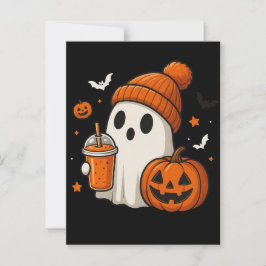 Postal Dulce Fantasma de Halloween con Calabaza y Bebida 