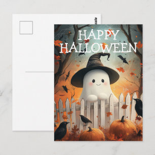Postal Dulce fantasma de Halloween con calabazas y cuervo