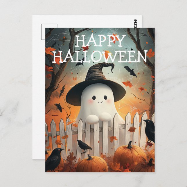Postal Dulce fantasma de Halloween con calabazas y cuervo (Anverso / Reverso)