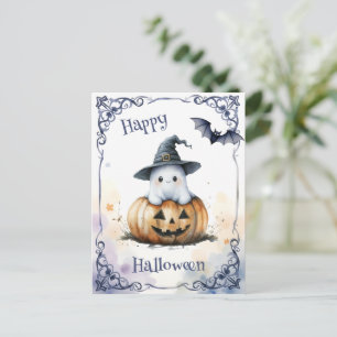 Postal Dulce fantasma de Halloween en acuarela en una Jac