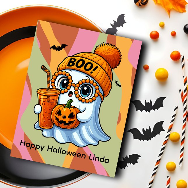 Postal Dulce Fantasma de Halloween Otoño Rosa Naranja (Subido por el creador)