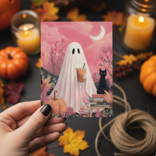 Postal Dulce Fantasma Rosa y Gato Negro