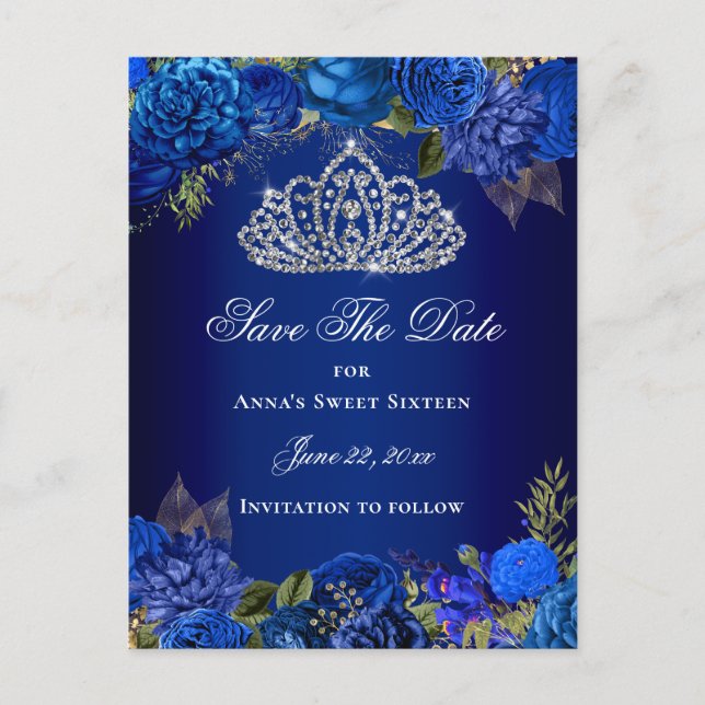 Postal Dulce Floral Azul Real Dieciséis Salven La Fecha (Anverso)