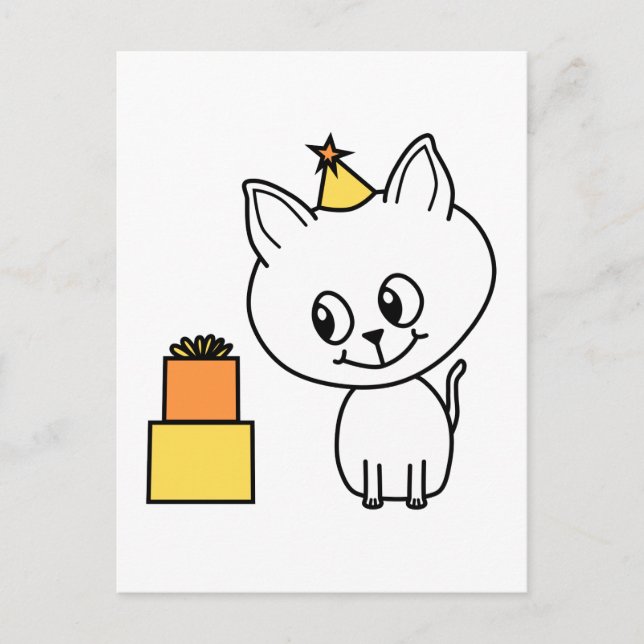 Postal Dulce Gatito Blanco llevando un Gorra de cumpleaño (Anverso)