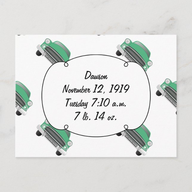 Postal Dulce Green Retro Car Baby Gifts (Anverso)