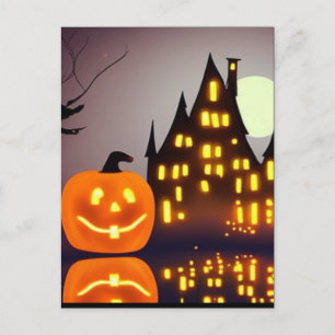 Postal Dulce Halloween calabaza y casa divertido espeluzn