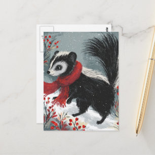 Postal Dulce Mofeta en Bayas Rojas de Invierno y Nieve