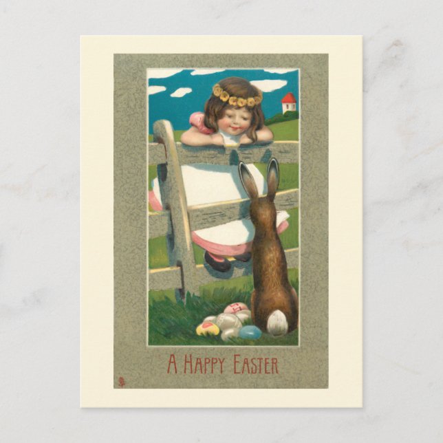 Postal Dulce niño vintage, conejo de Pascua y huevos (Anverso)